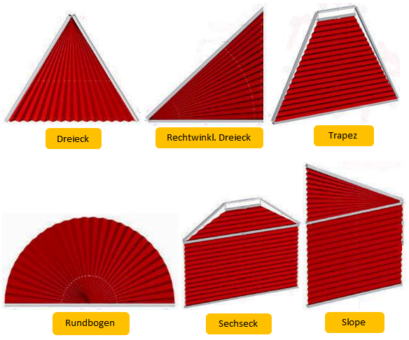6 Sonderformen: Dreieck, rechtwinkliges Dreieck, Trapez, Rundbogen, Sechseck und Slope